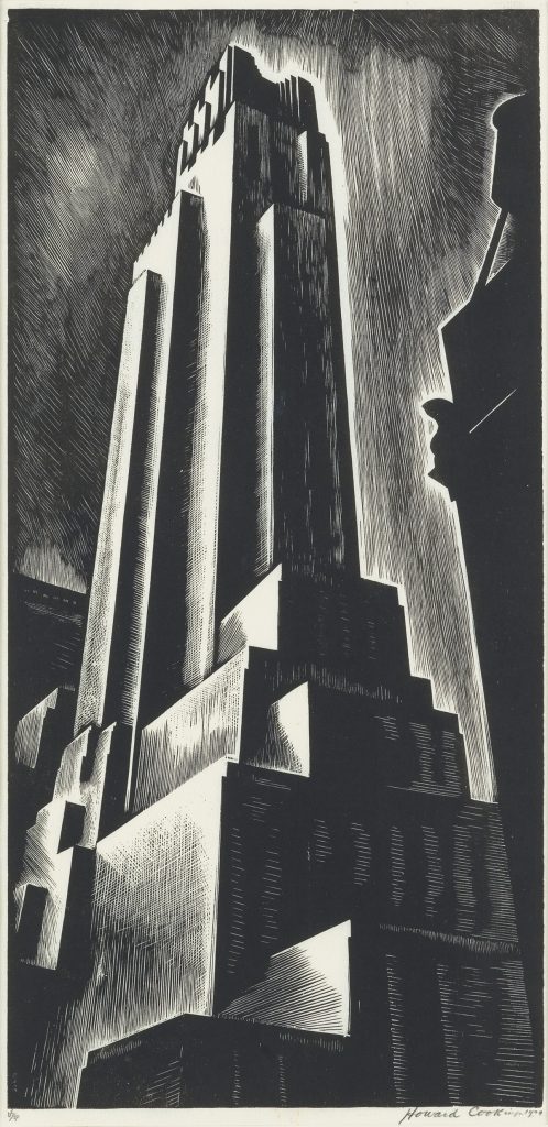 Howard Cook, Skyscraper, black and white wood engraving of a skyscraper, 1928.