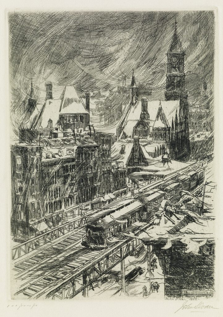 John Sloan, Snowstorm in the Village, black and white etching of a city snowstorm with a train, 1925.