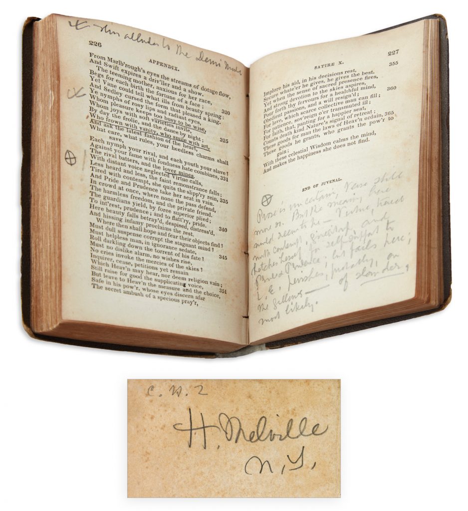 Lot 178: Herman Melville, two volumes of classic poetry, one signed, both annotated throughout, circa 1860. $40,000 to $60,000.