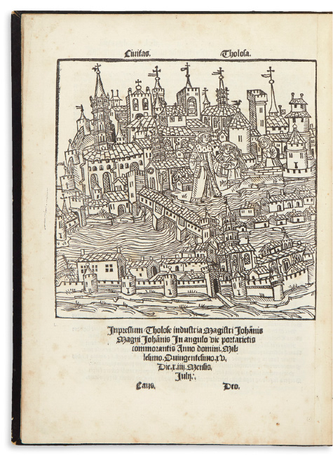 Lot 15: Nicolaus Bertrand, Opus de Tholosano[rum] Gestis ab Urbe Condita, first edition of a history of Toulouse, including the earliest known view of the city, Toulouse, 1515. $2,000 to $3,000.