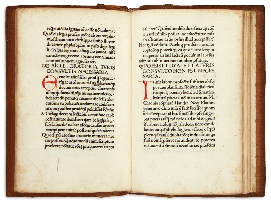 Johannes Jacobus Canis, De modo studendi in utroque iure, first edition of a guide to the study of civil and canon law by a professor at Padua, 1476. $6,000 to $9,000.