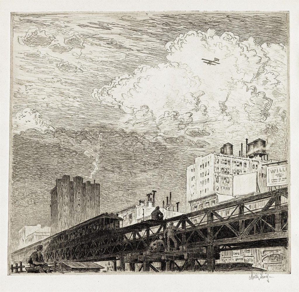 Martin Lewis, Men Working on Elevated Train Tracks, Looking at Airplane in Sky, black and white etching, circa 1919.