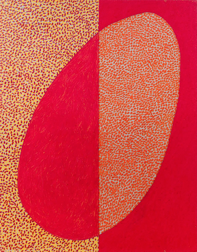 McArthur Binion, Rutabaga: In the Sky, red and yell oil stick, dixon wax crayon in the shape of an oval on aluminum, 1978-79.