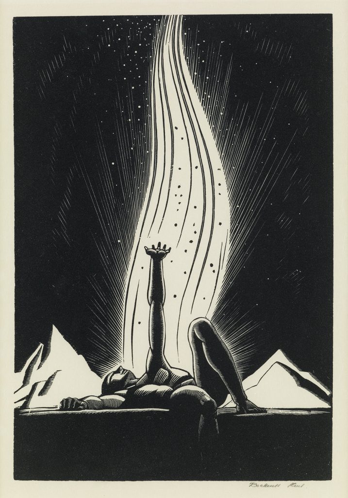 Rockwell Kent, The Flame, black and white wood engraving of a man laying down and reaching towards the sky with an upward reaching flame in the background, 1928.