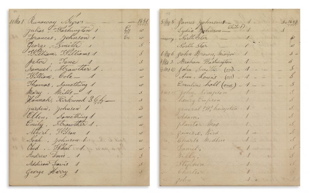 Account pages documenting the Underground Railroad from the collection of Shugart family papers.