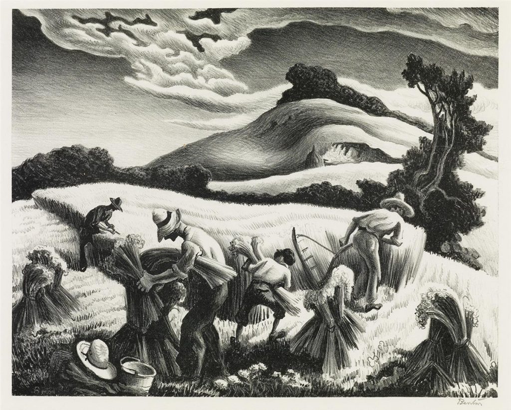 Thomas Hart Benton, Cradling Wheat, black and white lithograph of farmers tilling wheat, 1939.