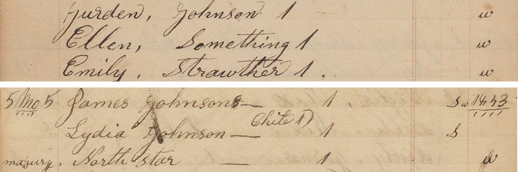 Detail of account pages documenting passengers of the Underground Railroad from the collection of Shugart family papers, with the Names "Ellen Something," "Emily Strawther," "James Johnson," "Lydia Johnson," and "North Star," 1838-81.