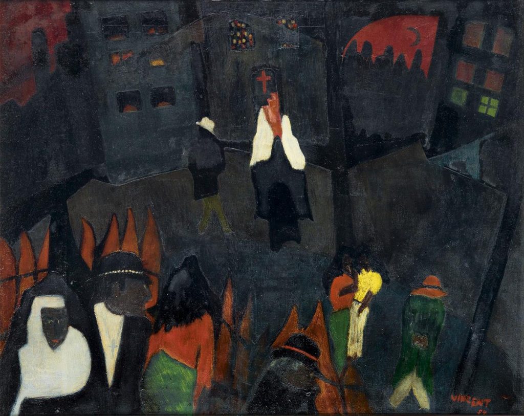 Vincent D. Smith, Street Scene, from Saturday Night in Harlem Series, oil on canvas of people outside of a church, 1954.