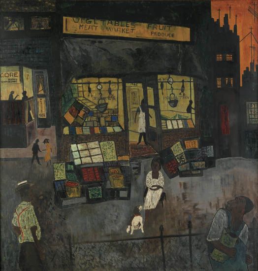 Vincent D. Smith, The Voices Are Stilled, (First New York Office of C.O.R.E.), oil on masonite of a street scene outside of a market, 1965.