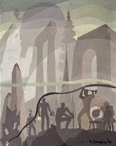 Aaron Douglas, Building More Stately Mansions, oil on canvas board with architecture structures in the back, pyramids, sphinx, arches, and workers figures building in the foreground, 1944. 