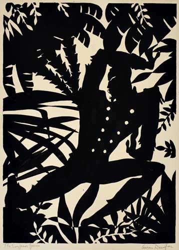 Aaron Douglas, Emperor Jones, gouache silhouette of an acrobatic figure in the jungle, 1926.