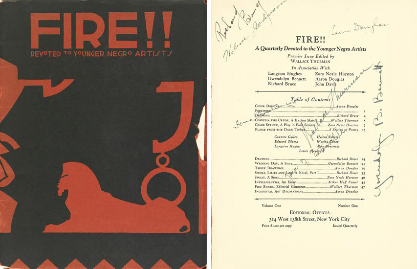 Cover of Fire!! A Quarterly Devoted to Younger Negro Artists, 1926, next to a photo of the signed table of contents. Artwork by Aaron Douglas