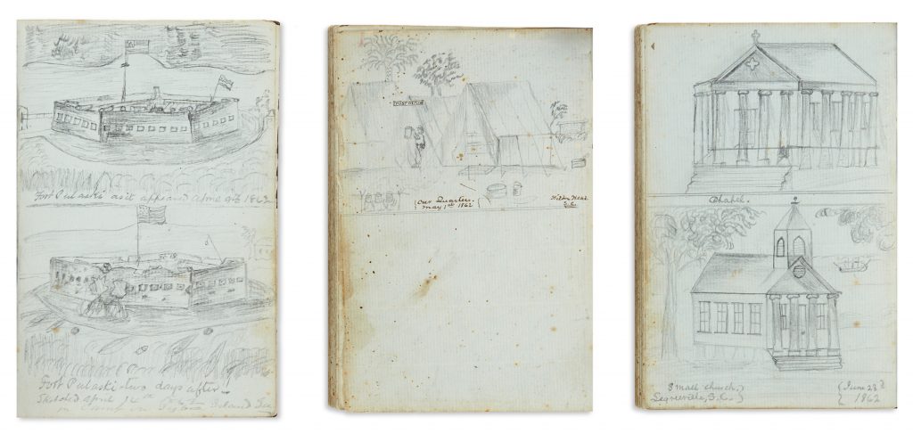 Three manuscript diary pages with pencil drawings of battles and forts from the Civil War. 