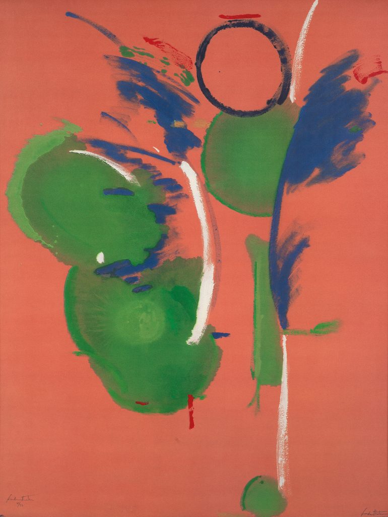 Helen Frankenthaler, Mary Mary, color screenprint and offset lithograph, abstract image with a pink background and green and blue circles, 1987.