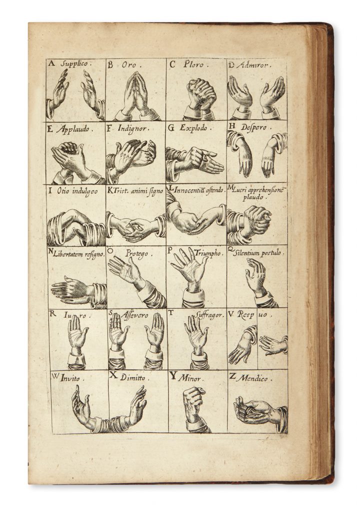 John Bulwer, Chirologia, first edition, showing a page with etchings of hand gestures and their meanings, London, 1644.
