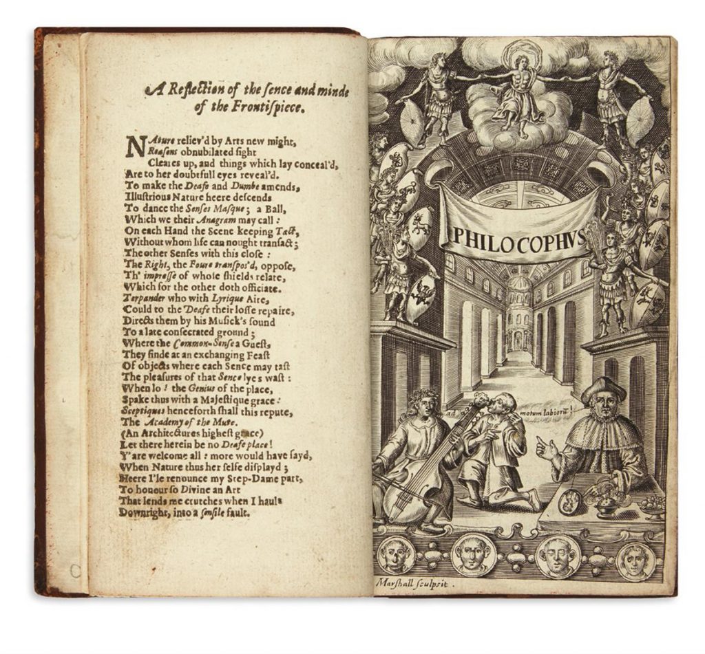 John Bulwer, Philocophus, first edition, showing a two page spread of title page, London, 1648.