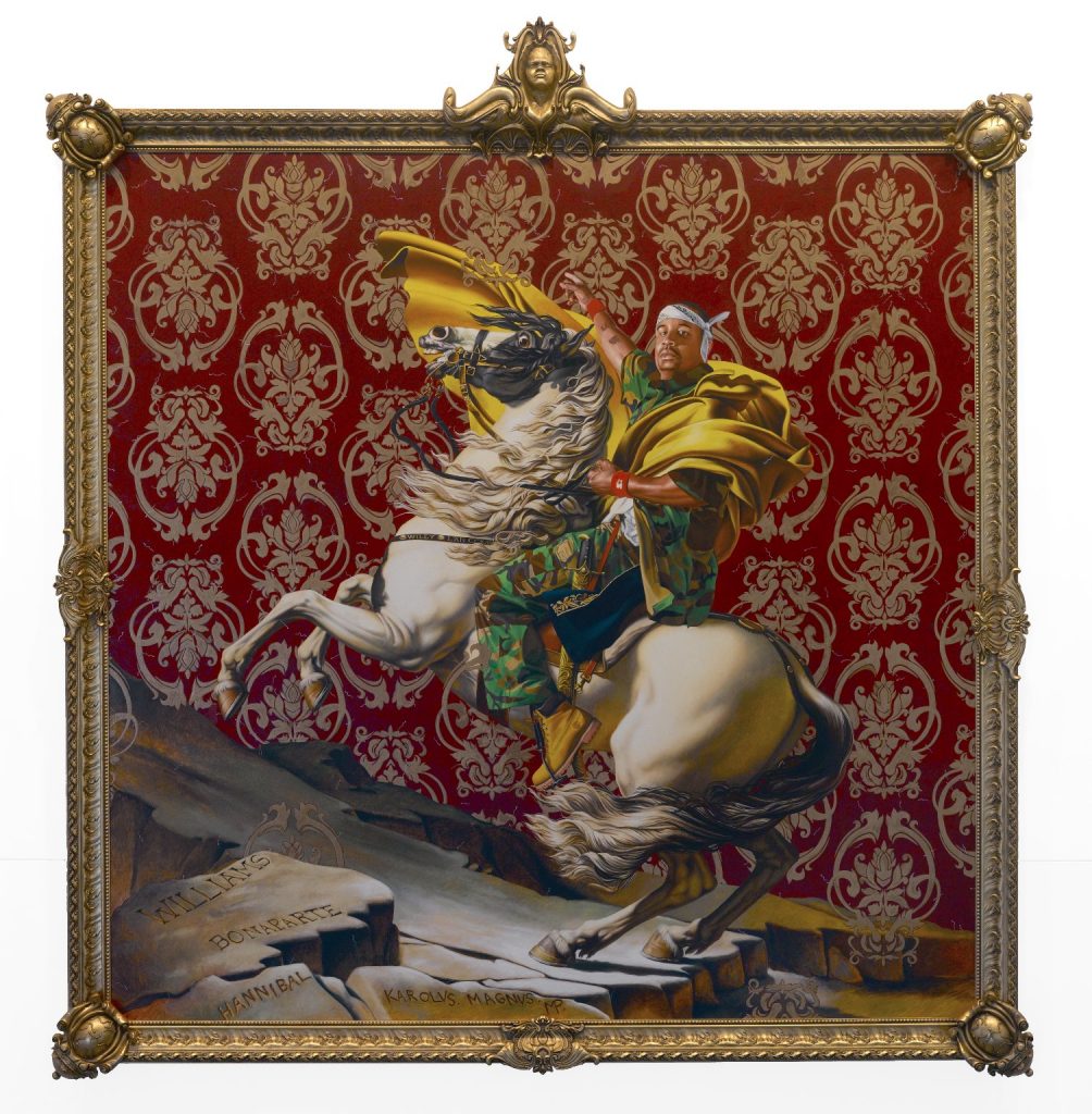 Kehinde Wiley, Napoleon Leading the Army over the Alps, oil on canvas of a young black man on a bucking horse, 2005.