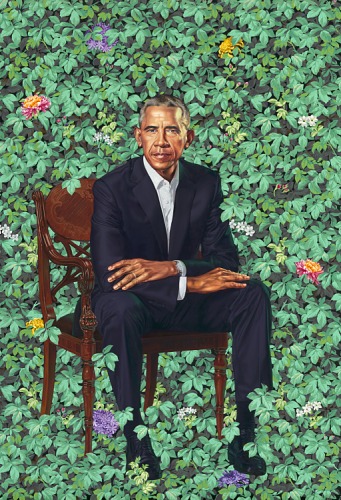 Kehinde Wiley, President Barack Obama, oil on canvas portrait of Barack Obama sitting in front of a wall of vines, 2018. 