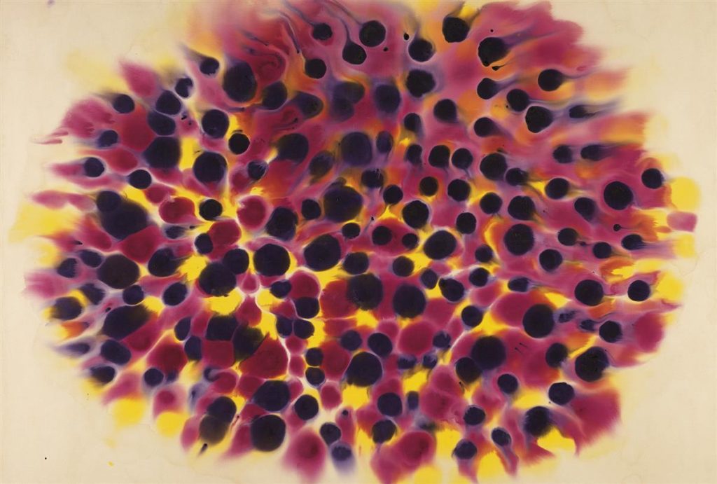 Kenneth Victor Young, Untitled (Abstract Composition), acrylic of a purple, pink and yellow dotted abstraction on canvas, 1972.