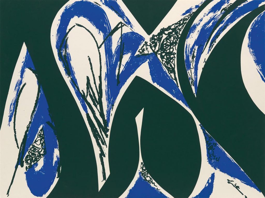 Lee Krasner, Free Space, color screenprint, abstract waves of blue and black, 1975.