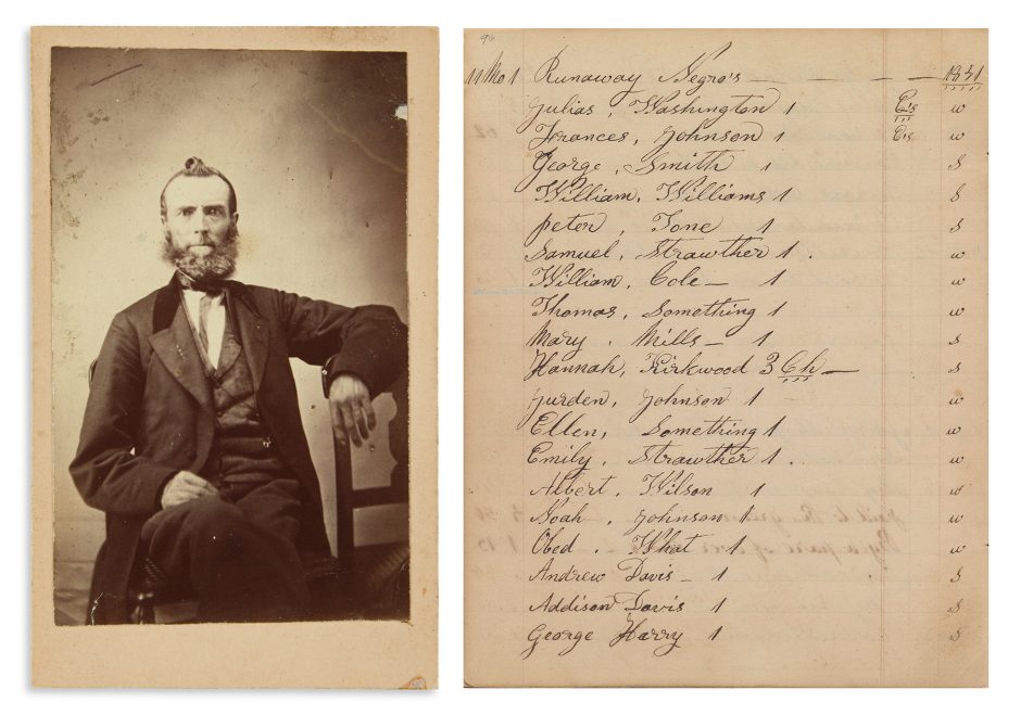 Photograph of Zachariah Taylor Shugart alongside a log of passengers on the Underground Railroad.