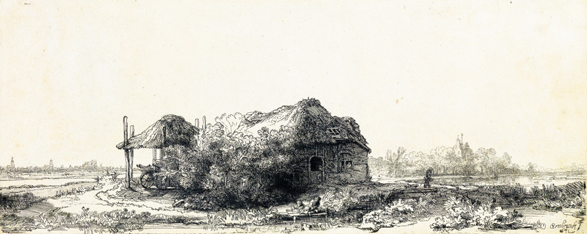 Rembrandt van Vijn, Landscape with a Cottage and Haybarn: Oblong, etching and drypoint, 1641. $60,000 to $90,000.