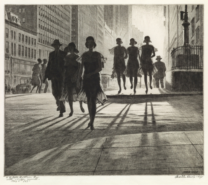 Martin Lewis, Shadow Dance, drypoint and sand ground, 1930. $30,000 to $50,000.