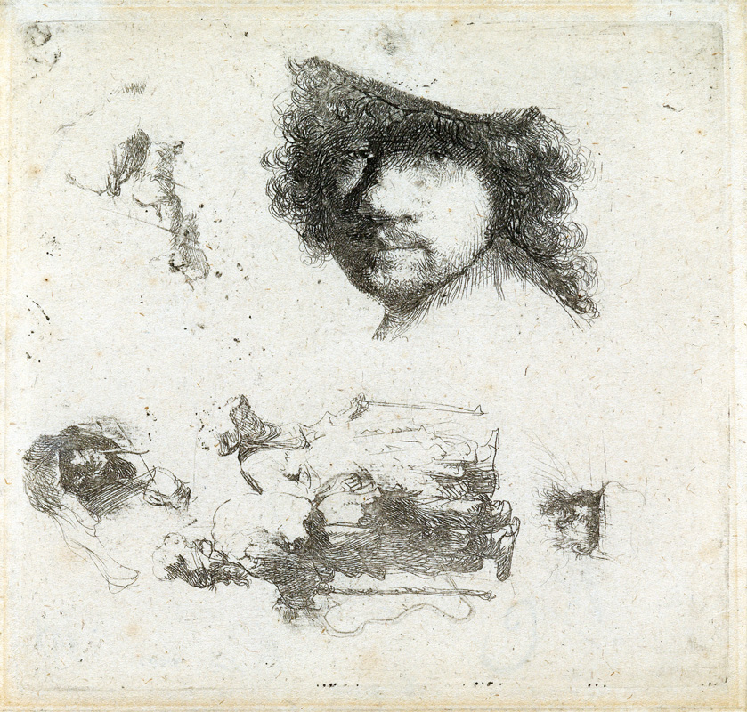 Lot 123: Rembrandt van Rijn, Sheet of Studies: Head of the Artist, A Beggar Couple, etching, circa 1632. $15,000 to $20,000.