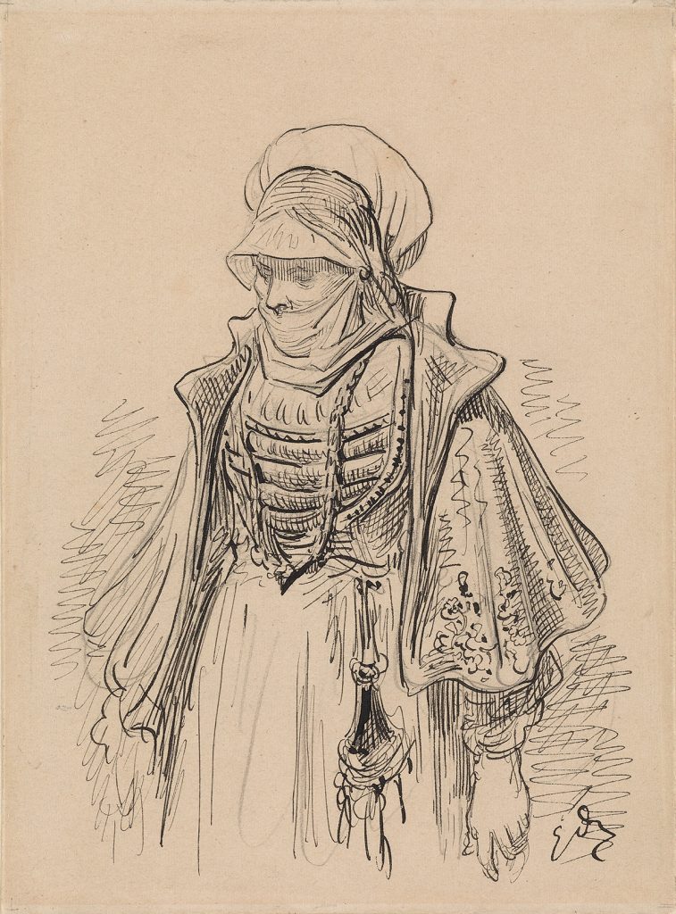 Gustave Doré, A Veiled Woman in Renaissance Dress, pencil, pen and ink. Property from the Eric Carlson Irrevocable Trust. $3,000 to $5,000.