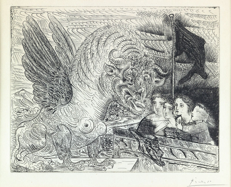 Pablo Picasso, Taureau ailé contemplé par Quatre Enfants, etching, 1934.