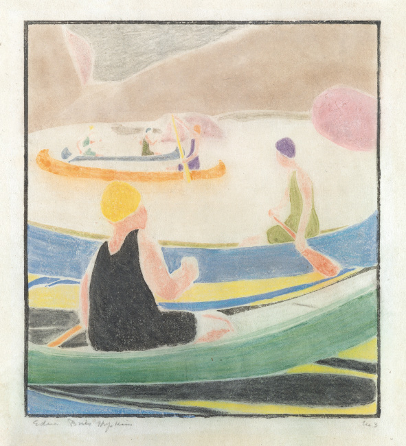 Edna Boies Hopkins, Canoes (Swift Water), color woodcut, 1917. $15,000 to $20,000.