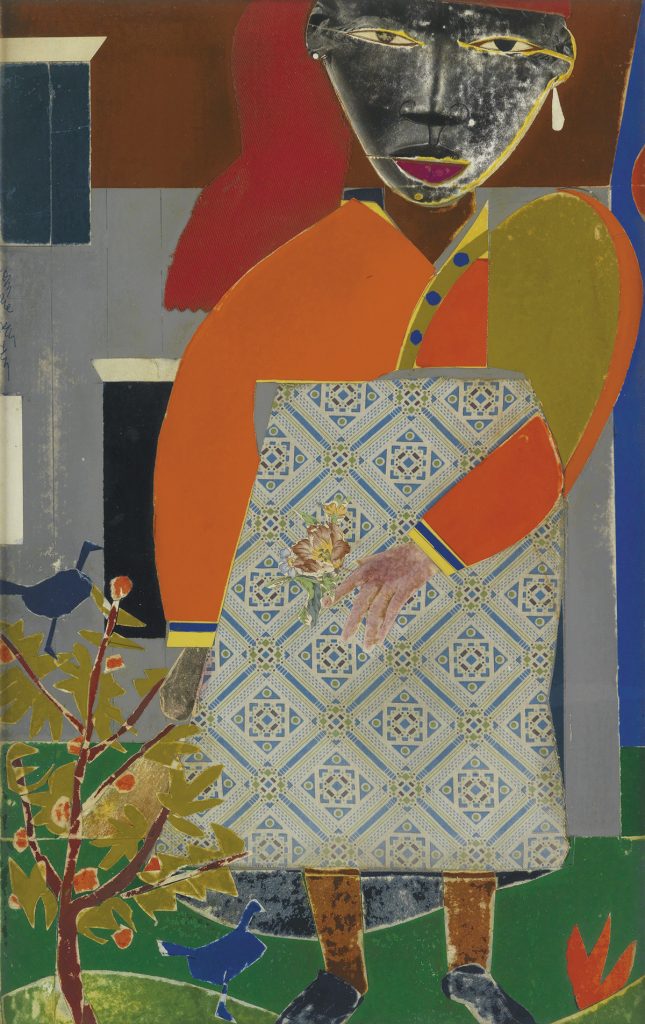 Romare Bearden, Girl in a Garden, collage of various papers & printed fabrics, with ink on board, 1972. 