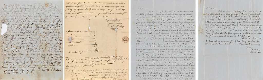 Records of the Dickinson & Shrewsbury salt works, four sheets of old paper with writing, 1820-65.