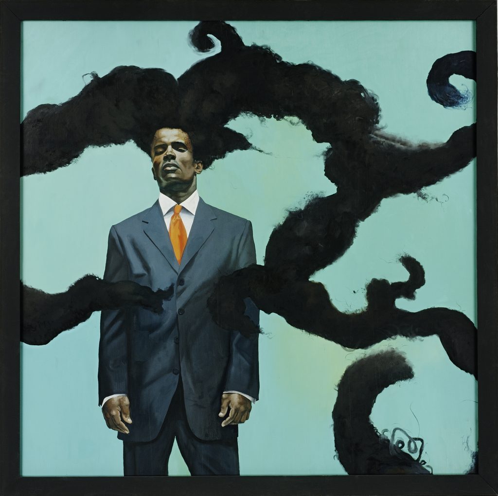 Kehinde Wiley, Conspicuous Fraud Series #1 (Eminence), oil on canvas of a young black man in a suit with a lively branch like afro, 2001.