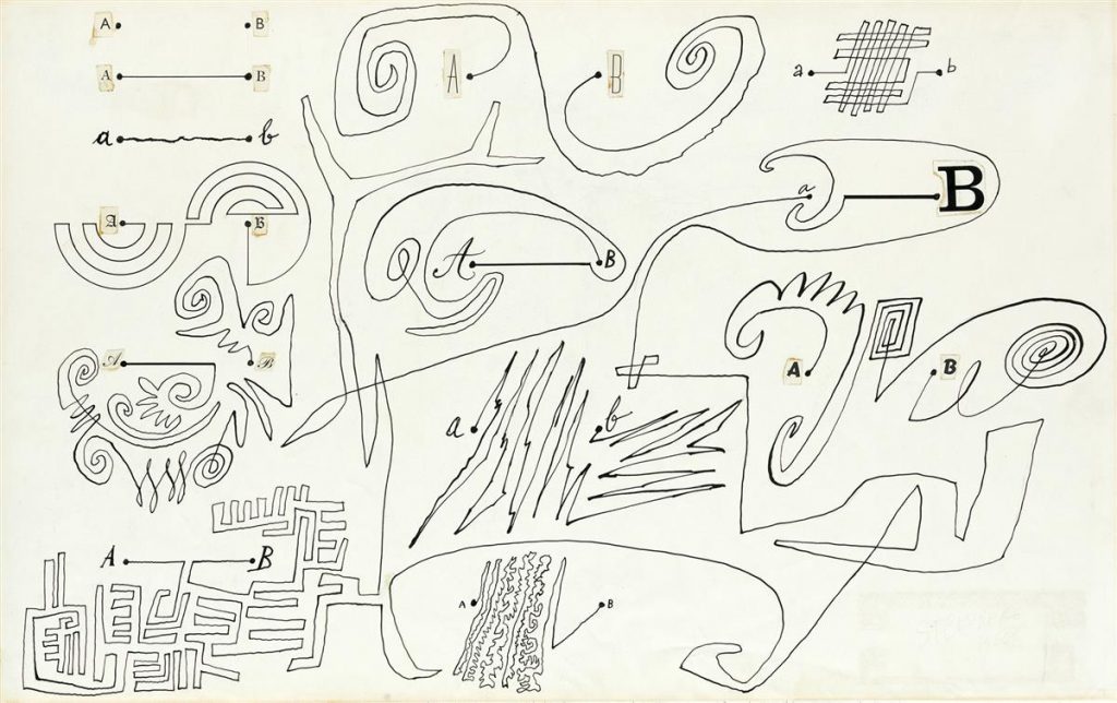 Lot 237: Saul Steinberg, 12 Biographies, A to B, pen and ink with collage, final illustration in his book The Labyrinth, 1960. $12,000 to $18,000.