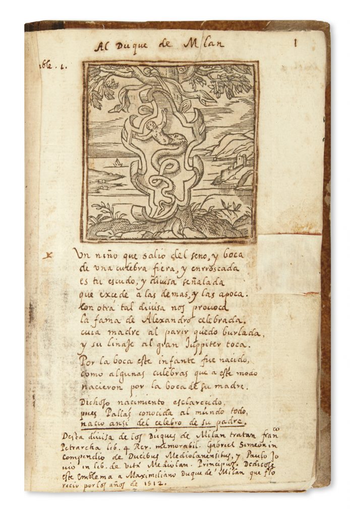 Andrea Alciato, Emblemas, manuscript in Spanish, image of a page in the book with an illustration and text, late 16th-early 17th century.