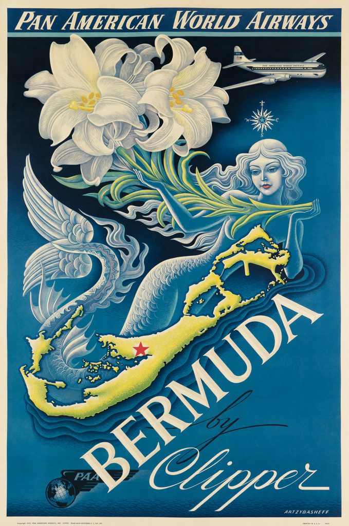 Boris Artzybasheff, Bermuda by Clipper / Pan American World Airways, a travel poster featuring tropical flowers and a mermaid, 1947.