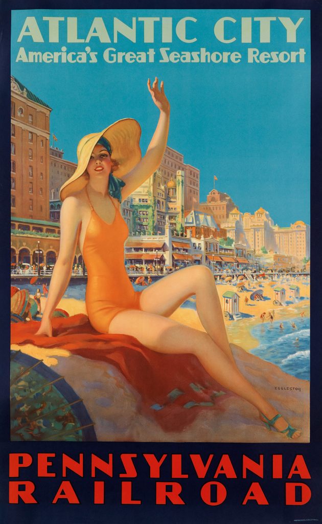Edward M. Eggleston, Atlantic City / Pennsylvania Railraod, travel poser featuring a 1930s sunbather on the boardwalk of Atlantic City, circa 1935