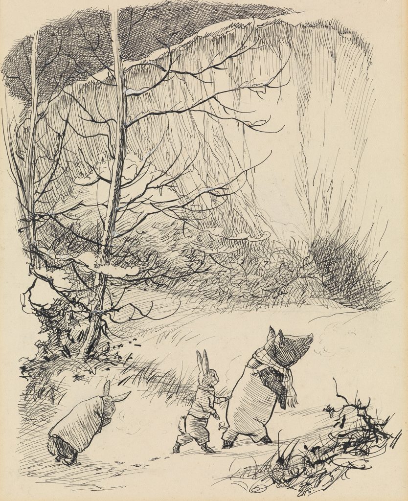 Ernest H. Shepard, He led them into the chalk-pit, till they stood at the very foot, pen and ink, illustration for Kenneth Grahame’s Bertie’s Escapade, 1949. $10,000 to $15,000.