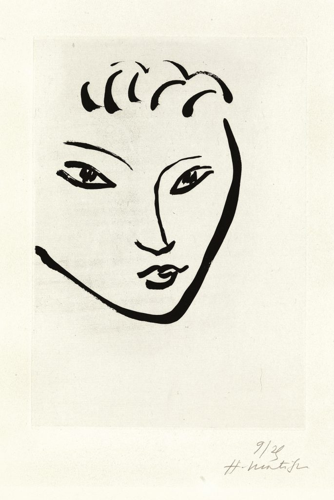 Henri Matisse, Tête de jeune garçon, Masque, aquatint of a outline portrait of a woman, 1946.