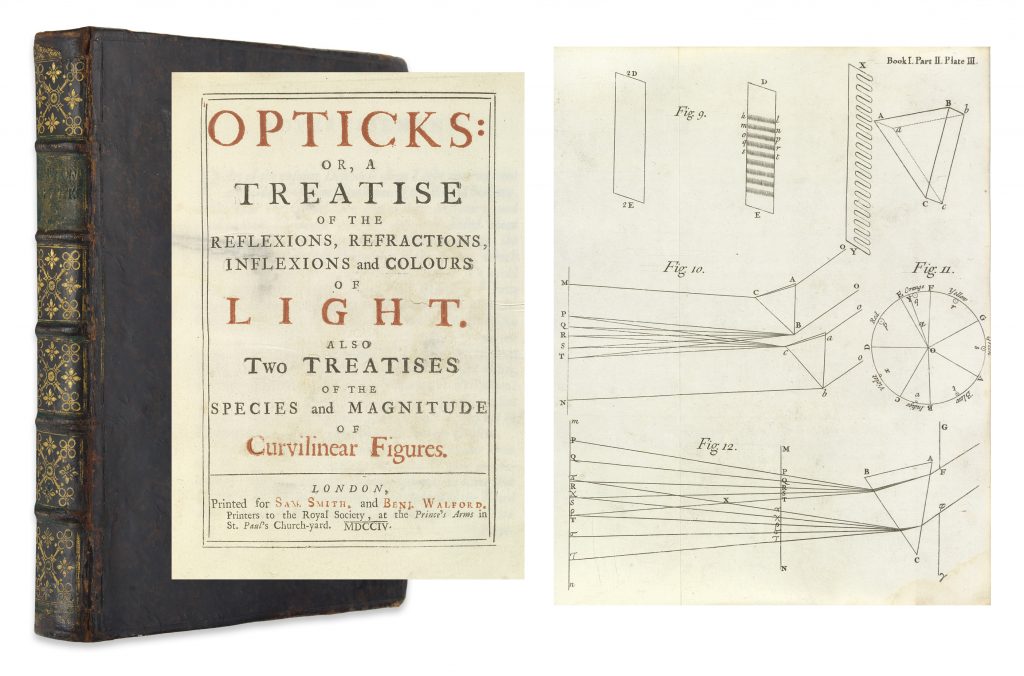 Sir Isaac Newton, Opticks, first edition, first issue, image showing the books binding, cover page and inside illustration, London, 1704.