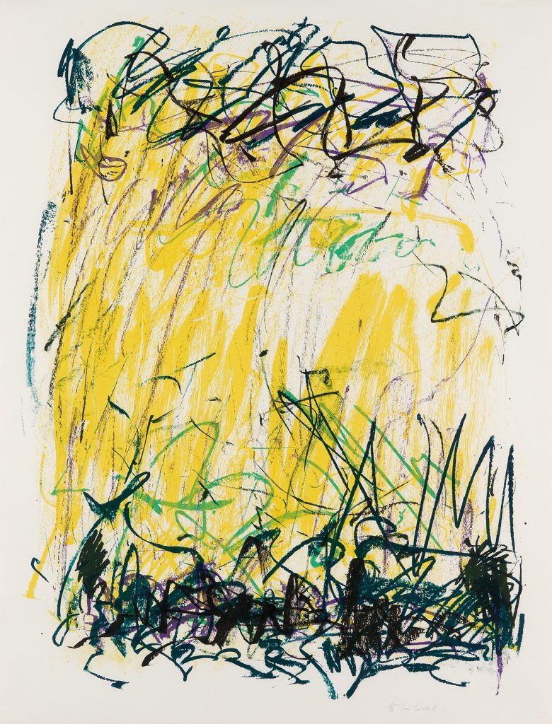 Joan Mitchell, Sides of a River II, color lithograph of an abstract work in yellow, black, purple and green, 1981.
