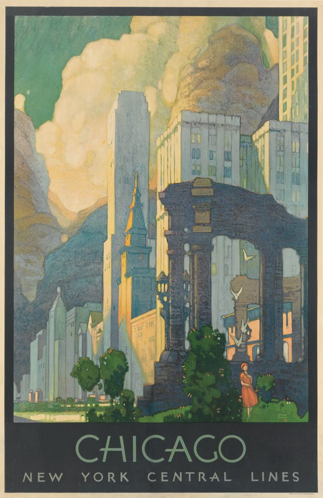 Leslie Ragan, Chicago / New York Central Lines, image of chicago park, 1929.