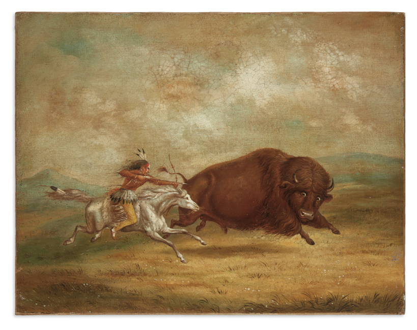 Buffalo Hunt, Chase, oil painting after George Catlin, 19th century.