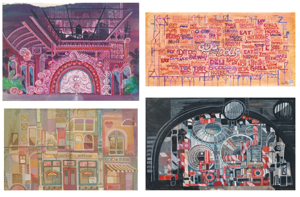 Tom H. John, Guys and Dolls, mixed media, group of four set designs for the 1976 Broadway revival production directed by Billy Wilson. 