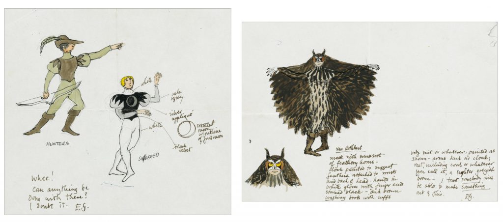 Edward Gorey, Swan Lake, Hunters/Siegfried, Van Rothbart, watercolor, pen and ink, costume designs for the 1975 production of Swan Lake at Rockland Community College, Suffern, NY.