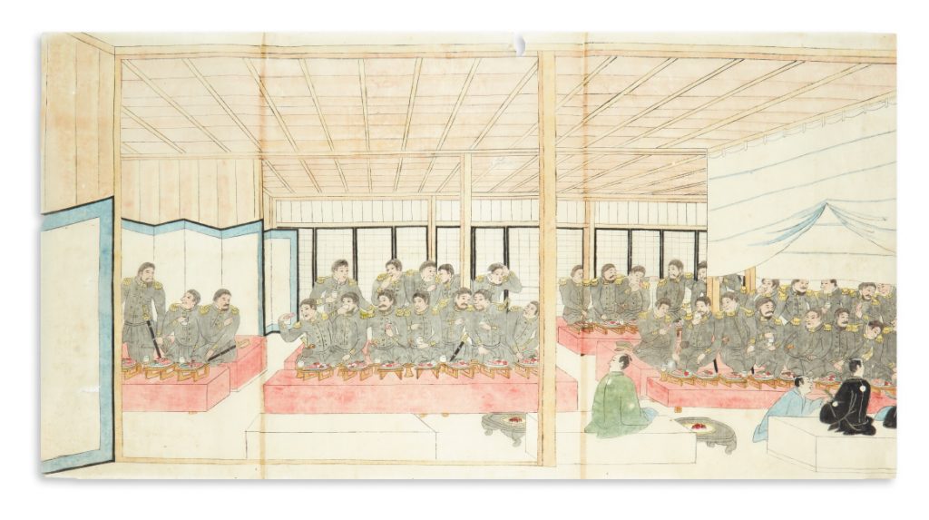 A sushi banquet for Commodore Perry & his officers, ink and gouache, Japan, 1854.