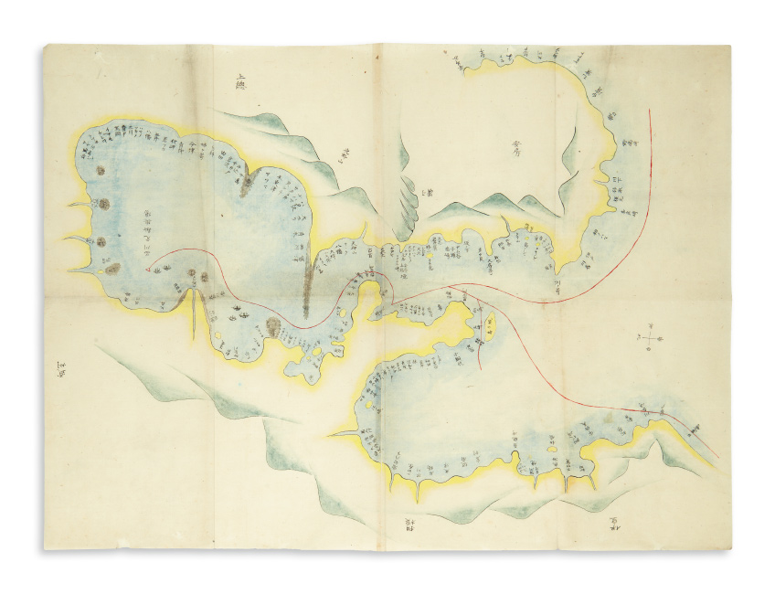 Fine manuscript map of Commodore Perry's Black Ship squadron entering Edo Bay, with manuscript sketchbook, ink and watercolor, Japan, circa 1853.