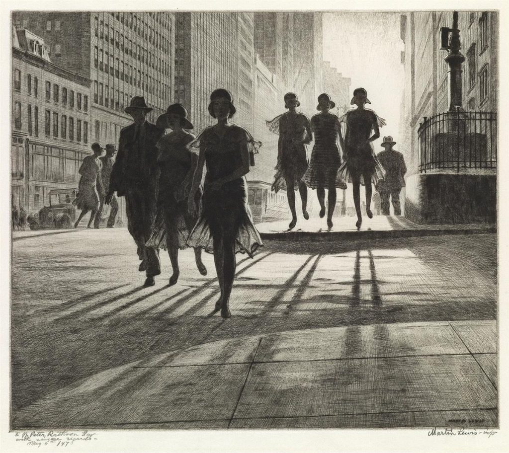 Martin Lewis, Shadow Dance, drypoint & sand ground of a shadowy group of woman crossing a New York City street, 1930.