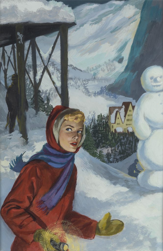 Polly Bolian, Mystery at the Ski Jump, original cover & frontispiece illustration for the book of the same name by Carolyn Keene, 1960.